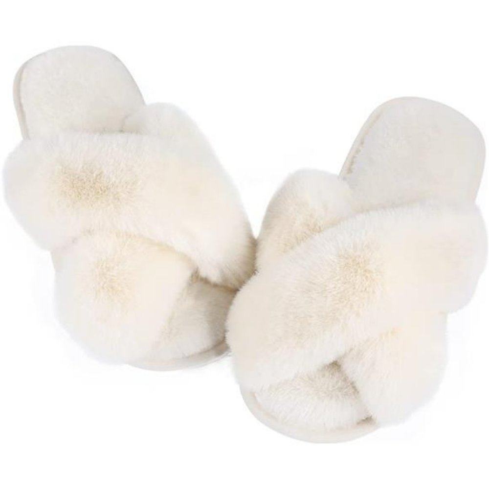 Cross Band Cozy Plush Home Slippers Fluffy Furry Open Toe Slide Slipper